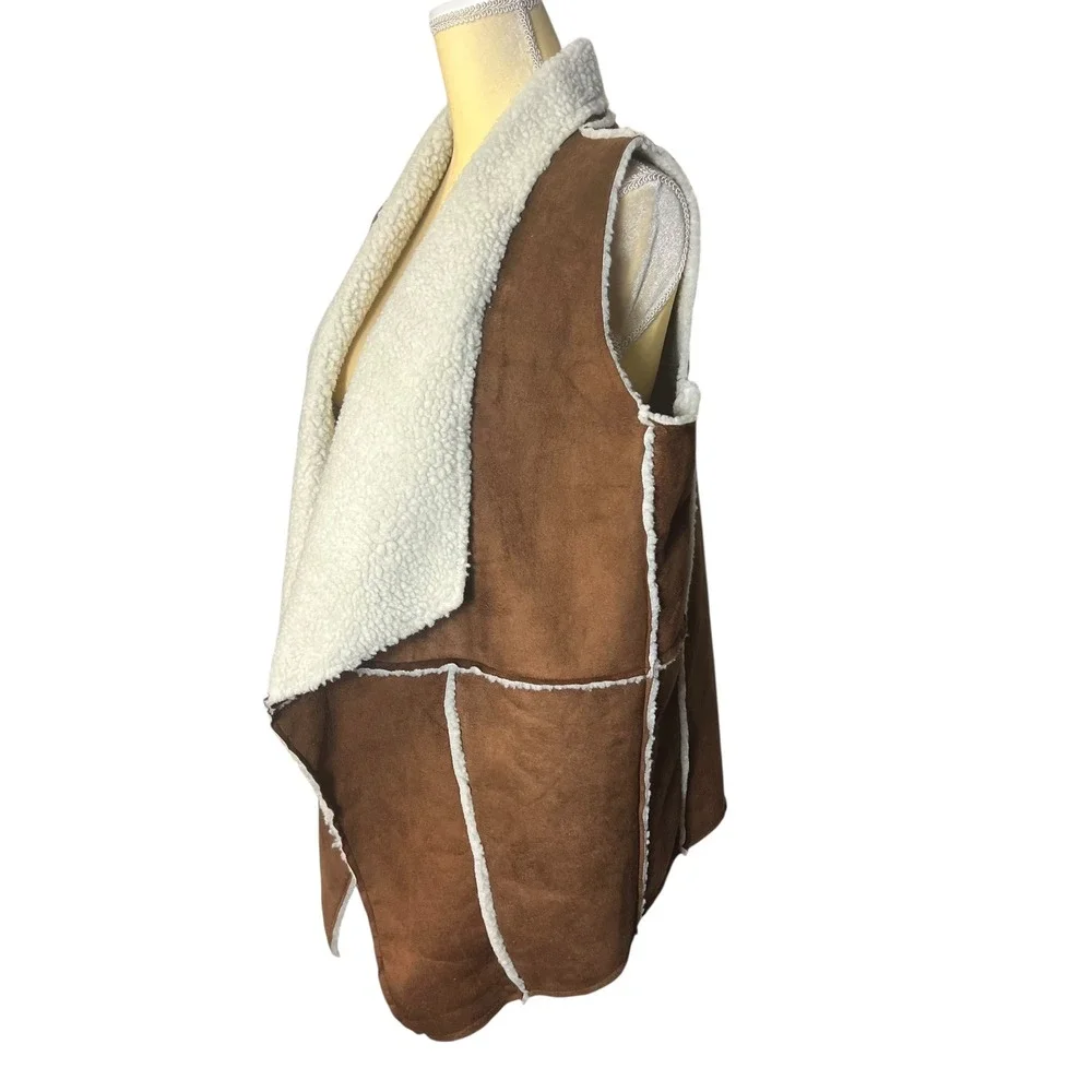 Faux Suede Sherpa Vest Womens Small Brown Sleeveless Drape‎ Open Front